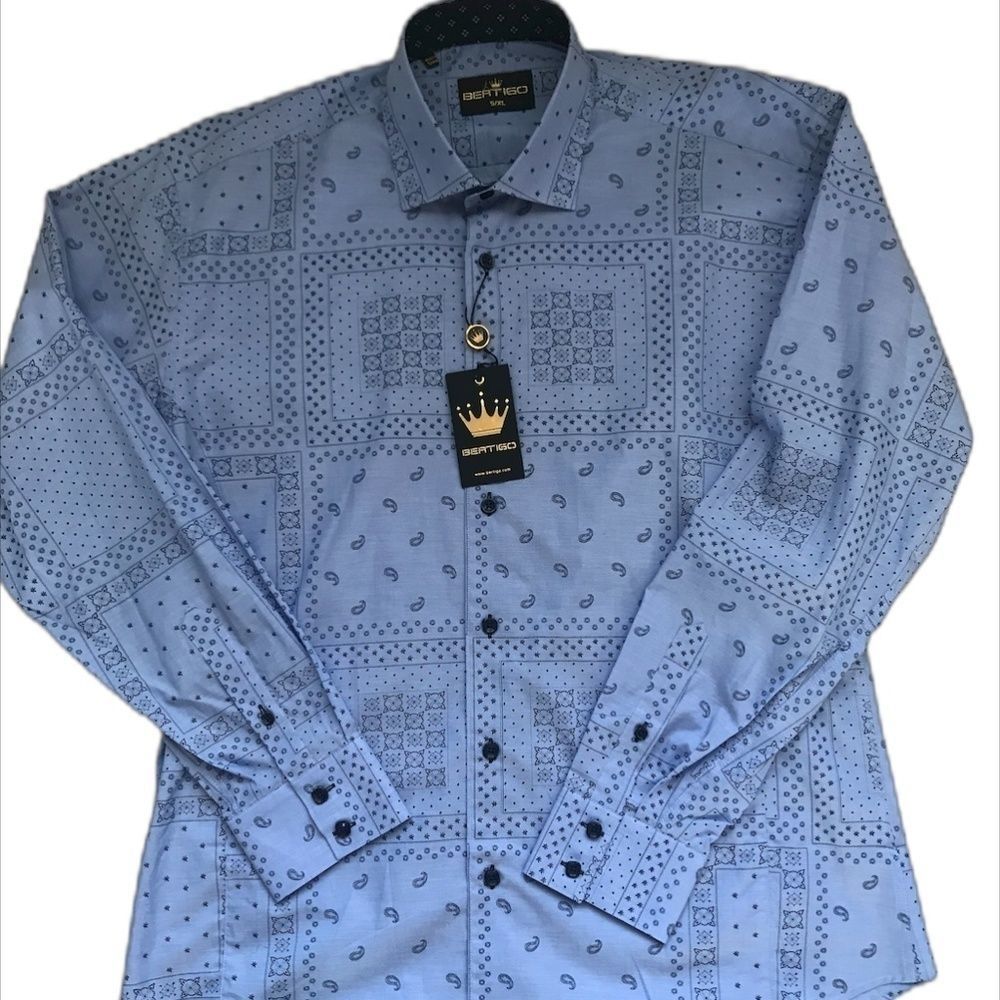 BERTIGO Men's Blue Long Sleeve Button Down 5XL